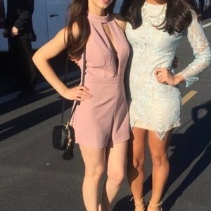 Blue lace dress with tan slip under!